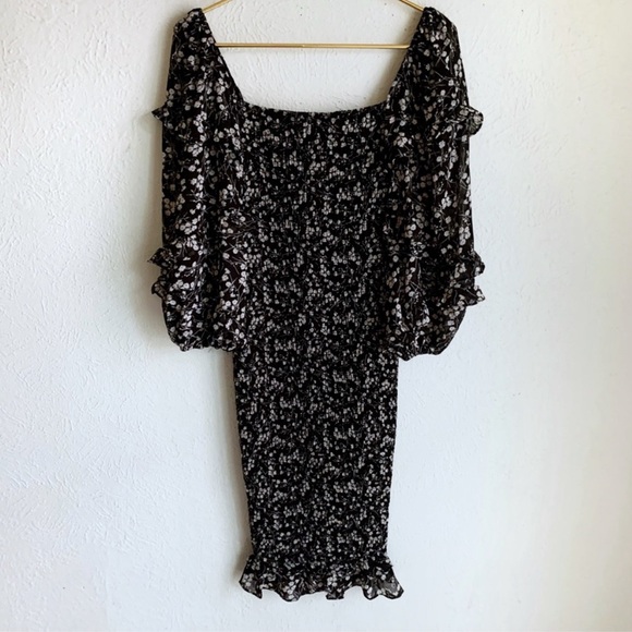 PETAL + PUP BONITA SHIRRED FRILL LONG SLEEVE BODYCON MIDI DRESS BLACK FLORAL 2 - Picture 2 of 4